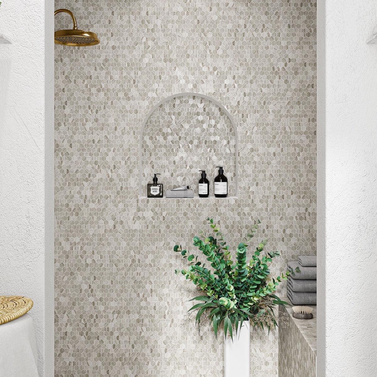 Bathroom shower with brown hexagon tile wall