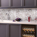 Wood look marble hexagon tile wet bar backsplash