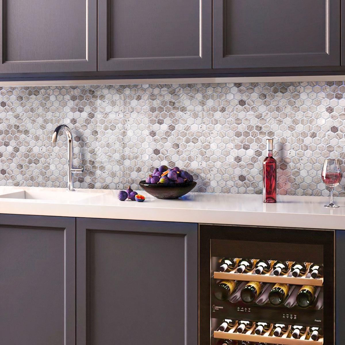 Wood look marble hexagon tile wet bar backsplash