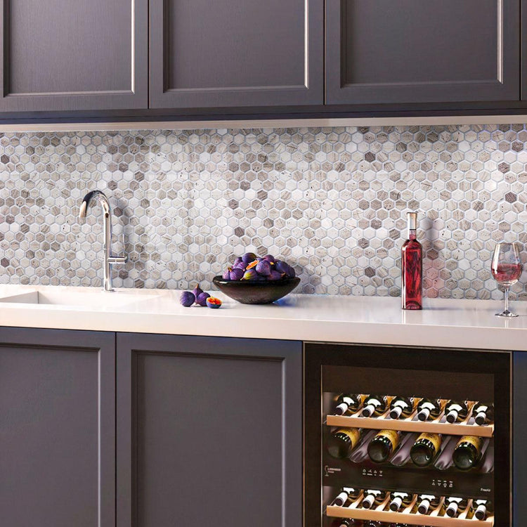 Wood look marble hexagon tile wet bar backsplash