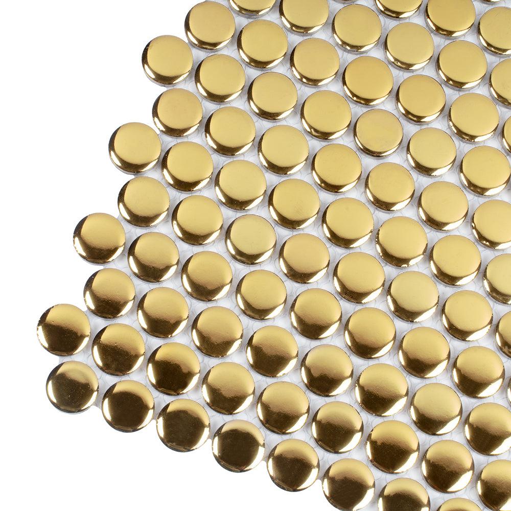 Metallic Gold Buttons Porcelain Penny Round Tile