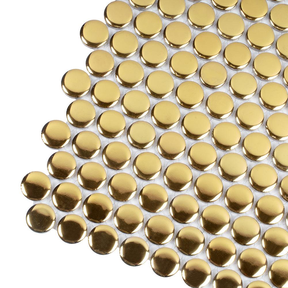 Metallic Gold Buttons Porcelain Penny Round Tile | Tile Club