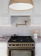 Modern Farmhouse Kitchen with a Roman Flower Wooden Beige And Carrara Marble Mosaic Tile Backsplash