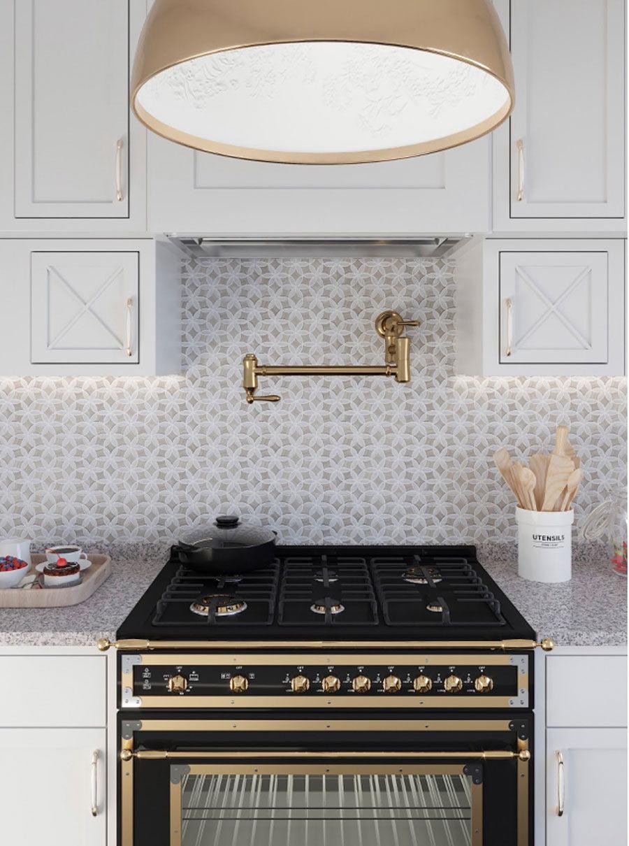 Modern Farmhouse Kitchen with a Roman Flower Wooden Beige And Carrara Marble Mosaic Tile Backsplash