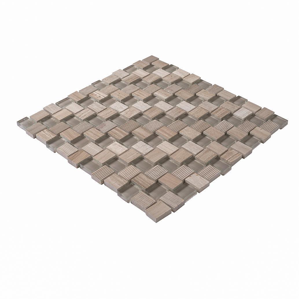 Textured Mini Brick Wooden Beige And Glass Mosaic Tile