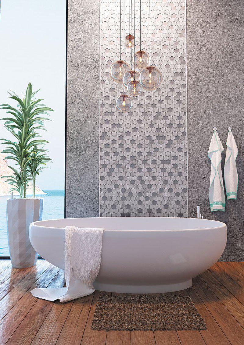 Textured Wooden Beige And Glass Hexagon Mosaic Tile Accent Wall for a Contemporary Bathroom in Neutral Colors