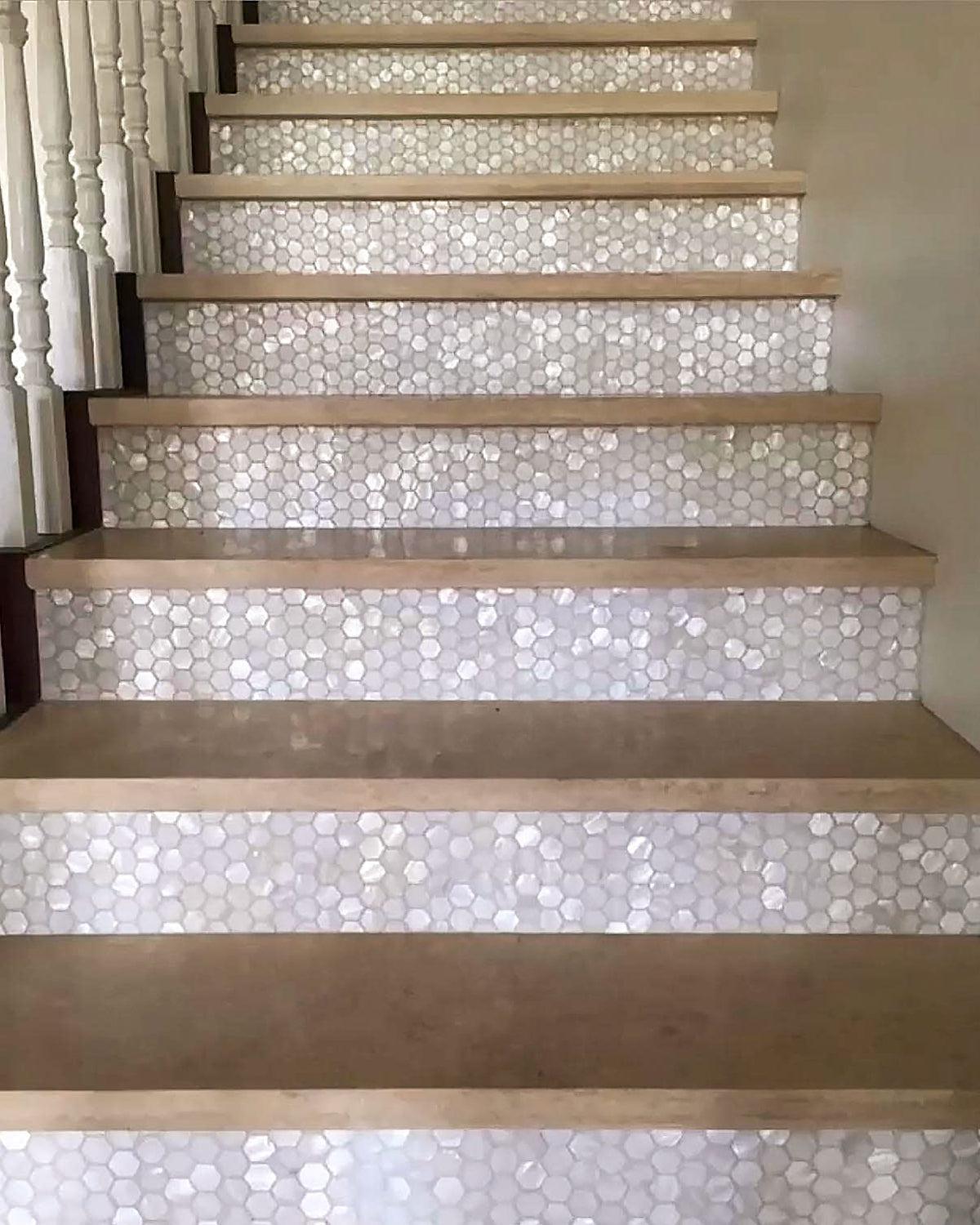 Pure White Mother Of Pearl Hexagon Mosaic Tile Stair Risers