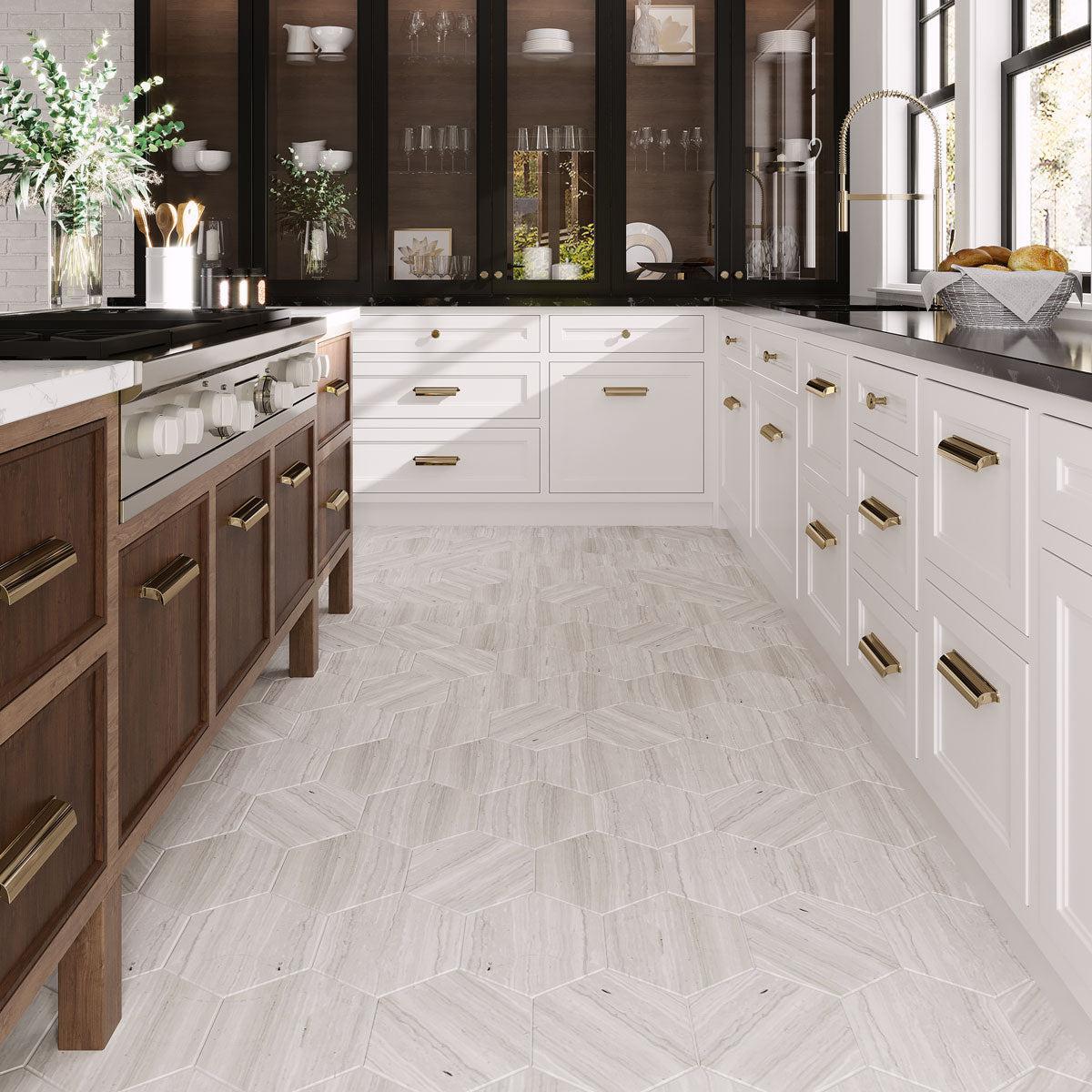Wooden beige marble hexagon kitchen floor