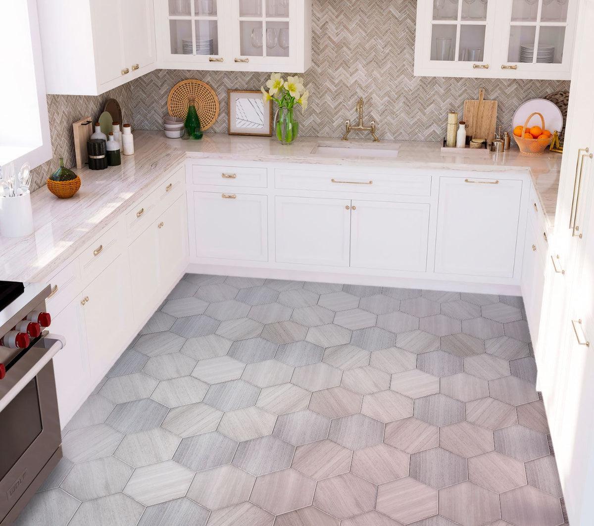 Large hexagon tile wood look kitchen flooring