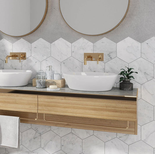 White marble hexagon tile bathroom wall