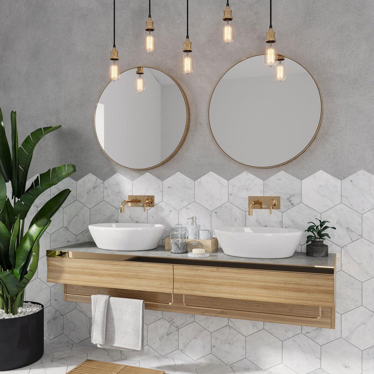 Rustic modern bathroom with white hexagon tiled wall backsplash