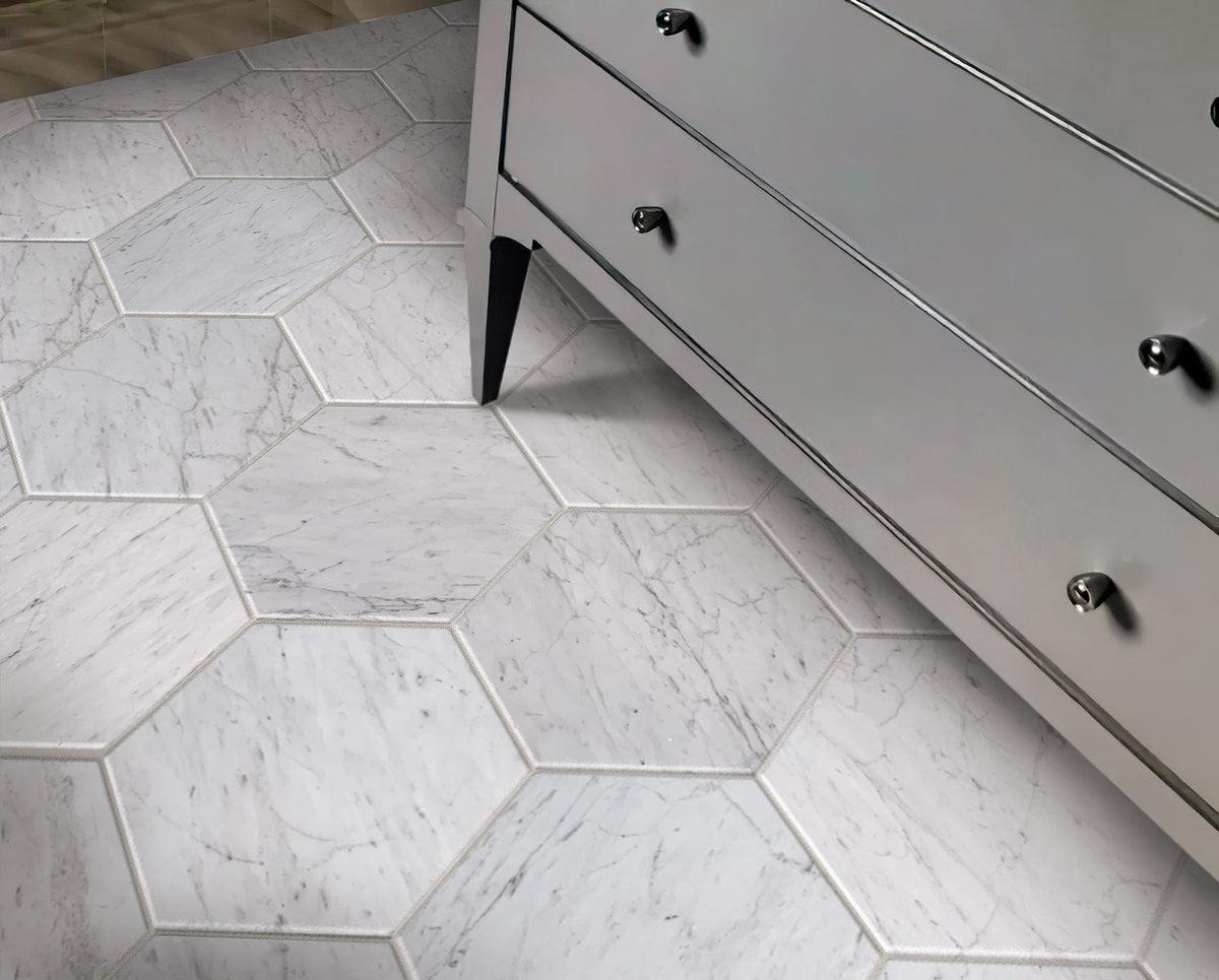 10 Inch White Carrara Hexagon Honed Marble Mosaic Tile floor