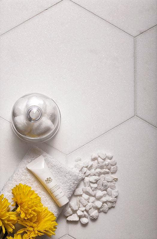 Glowing White Marble Hexagon Tiles