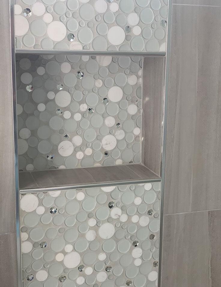 Sparkly Spheras Glass And Stone Mosaic Tile Detail and Shower Niche