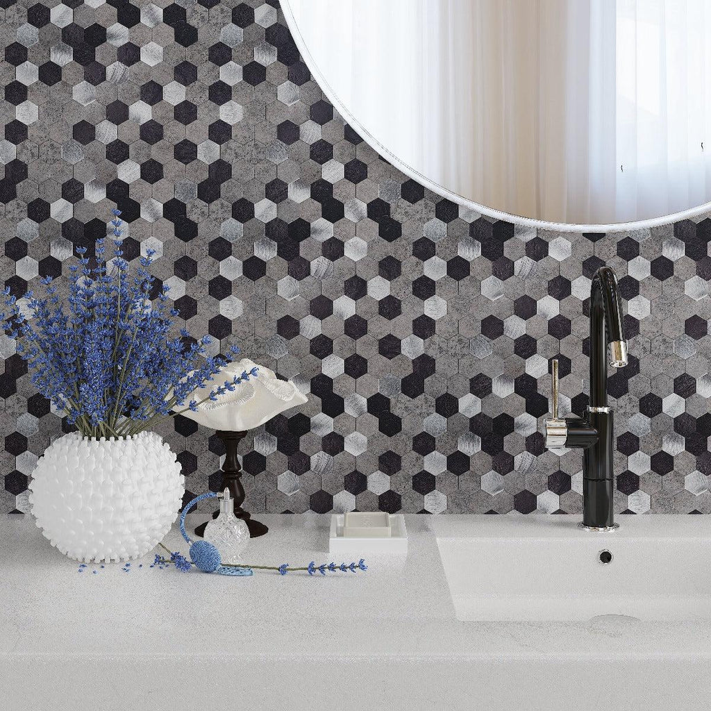 1.25" Silver, Grey and Black Hexagon Peel and Stick Tile | Tile Club