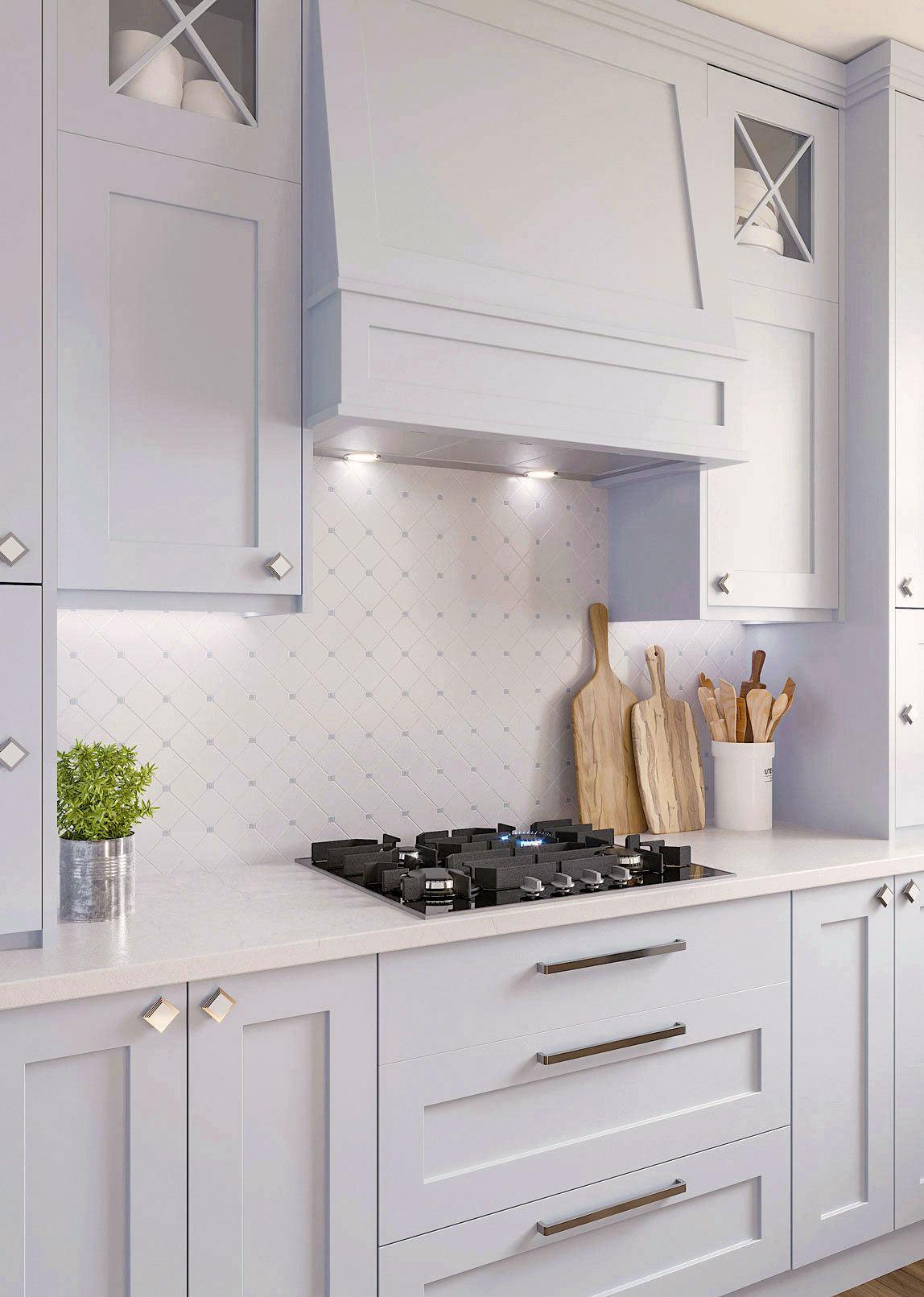 White Marble Kitchen Backsplash with a Classic Diamond Pattern Tile and Blue Cabinet Paint with Natural Wood Accents