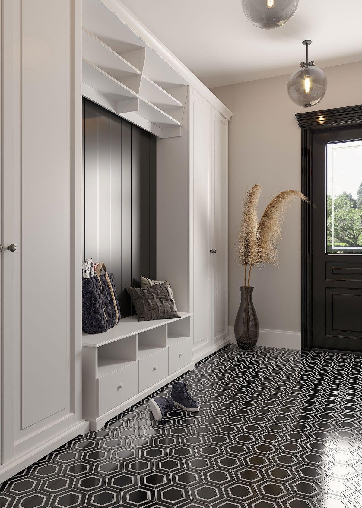 black and white hexagon tile floor for a modern mudroom