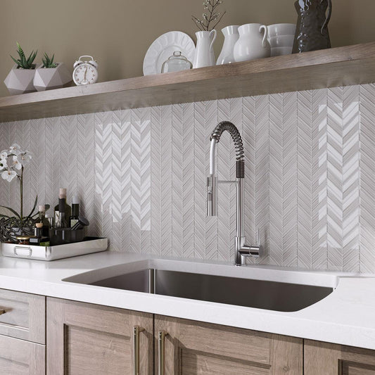 Fabrique White Chevron Glass Mosaic Kitchen Backsplash Tile with Wood Cabinets and Open Shelves