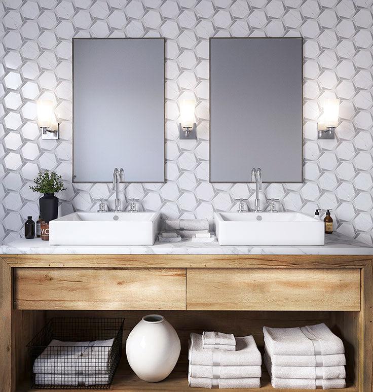 Bathroom Vanity Wall with Marble Geomtric Backsplash TIle