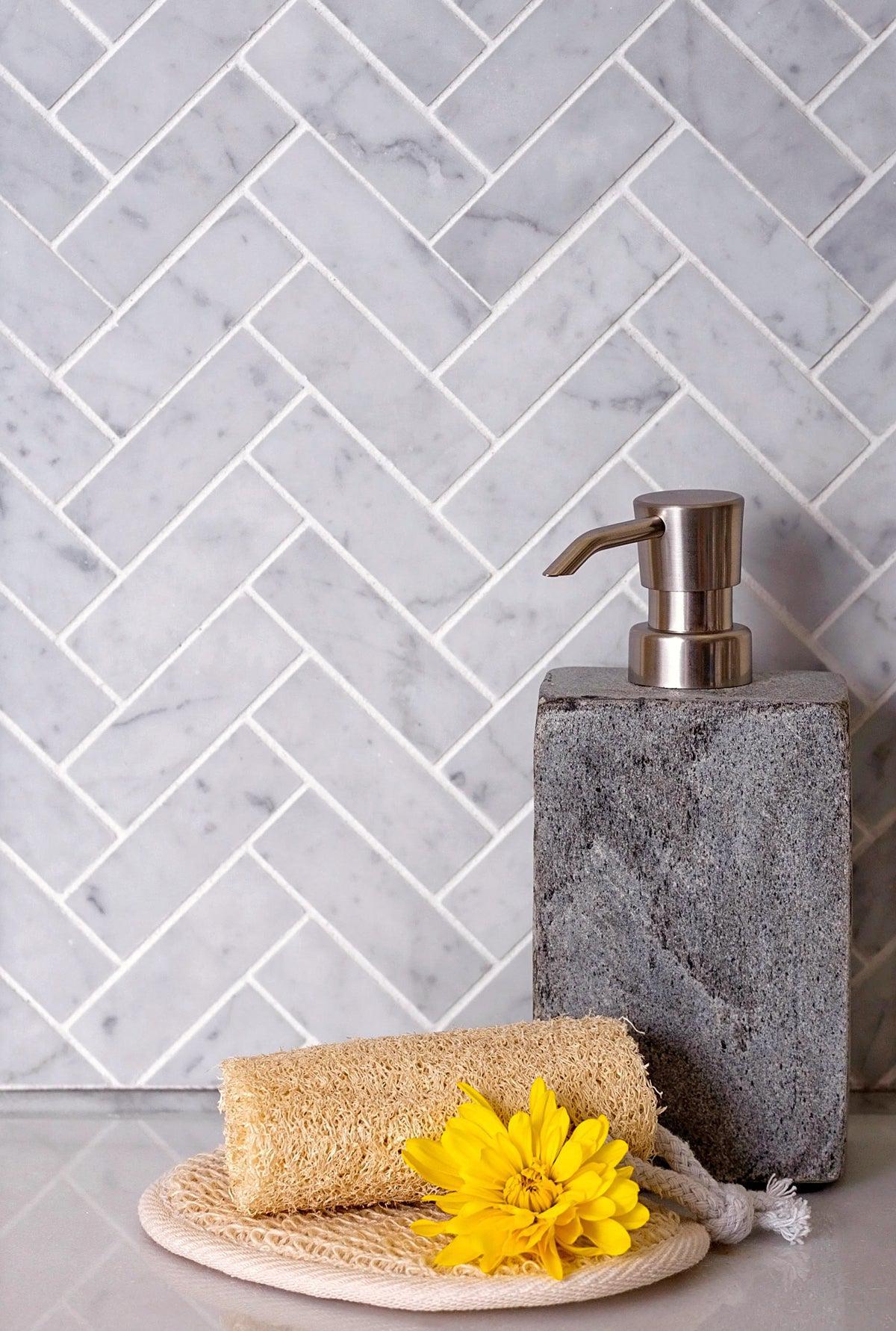 1X3 White Carrara Marble Herringbone Wall and Floor Tile