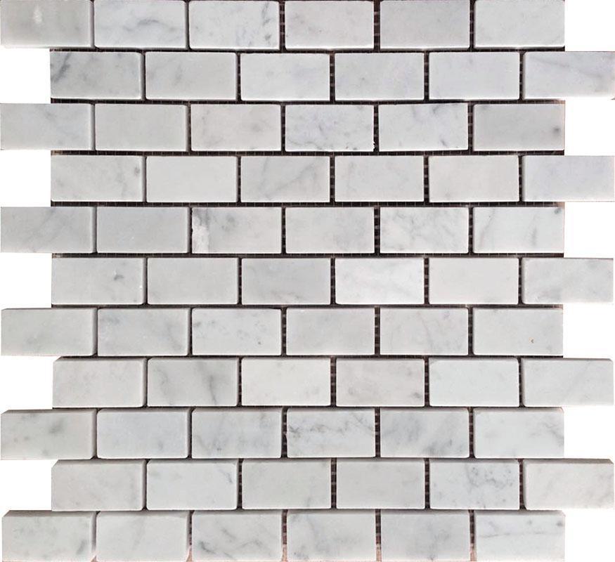 1X2 White Carrara Brick Marble Tile on Mesh