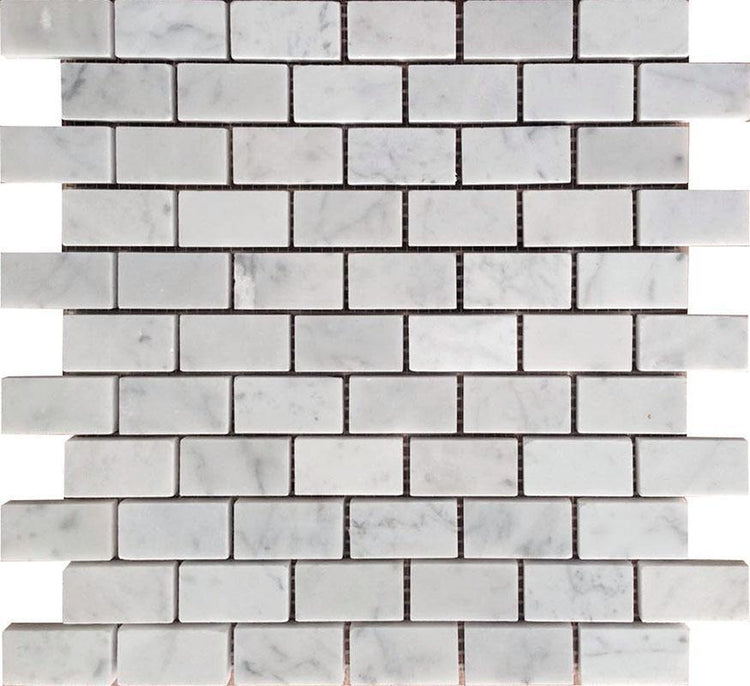 1X2 White Carrara Brick Marble Tile on Mesh