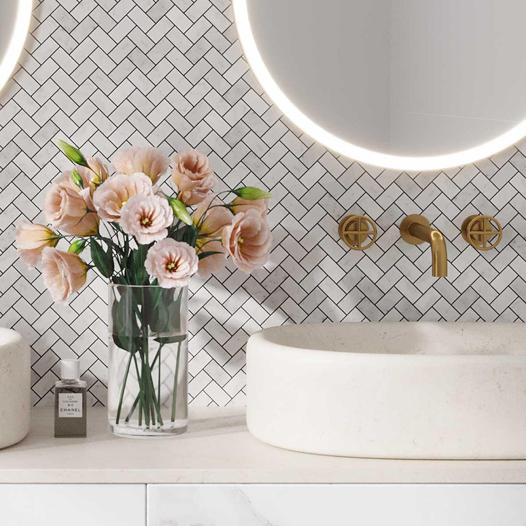 White Carrara Herringbone marble mosaic tile backsplash