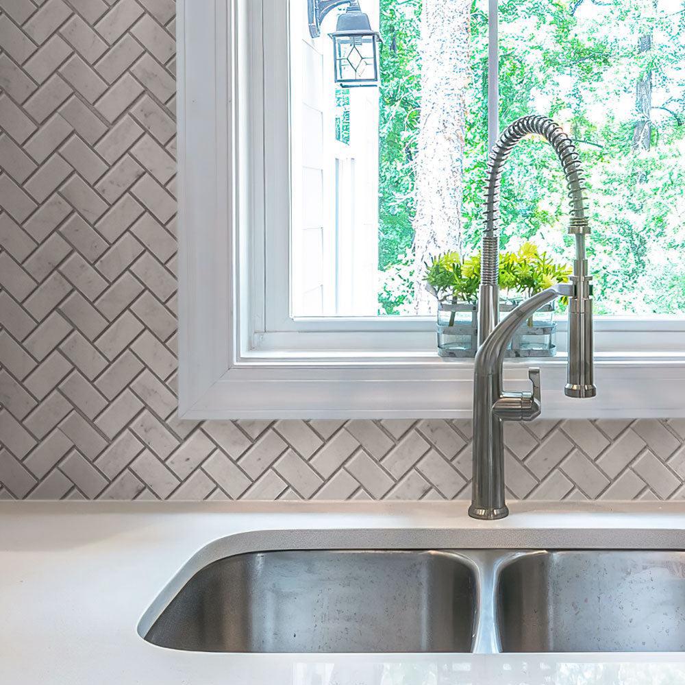 1X2 White Carrara Marble Herringbone Polished Marble Mosaic Tile | Tile Club