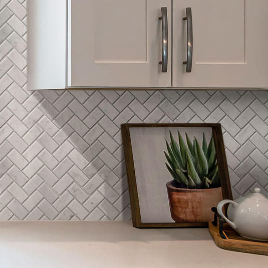 1X2 White Carrara Marble Herringbone Polished Marble Mosaic Tile | Tile Club