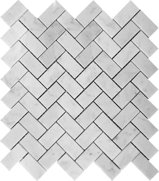 white marble herringbone tile