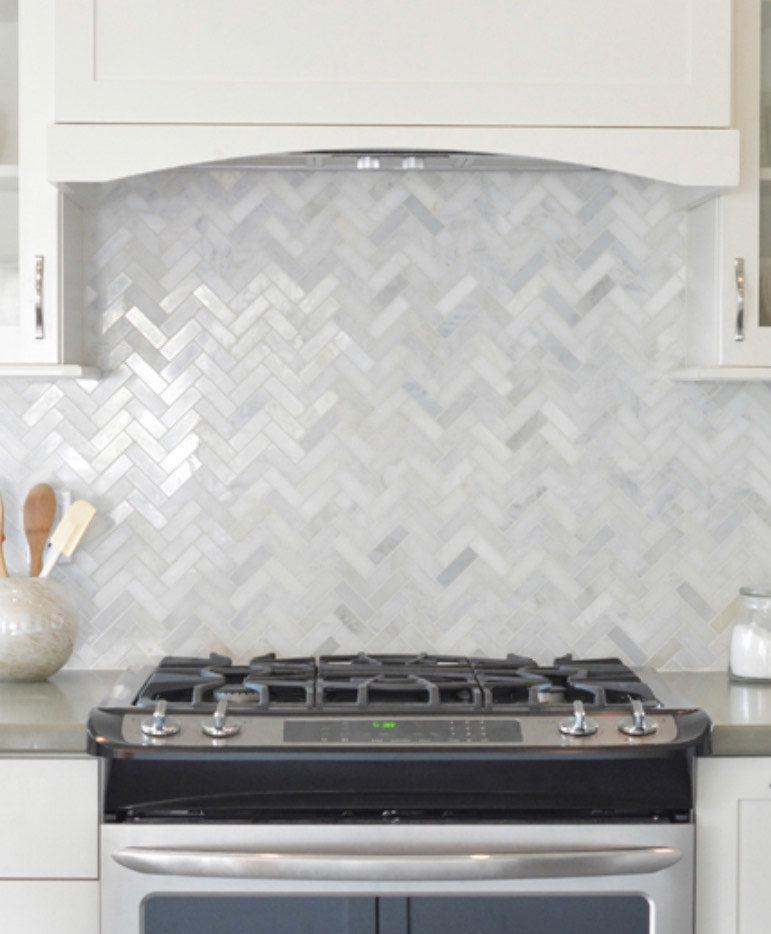 1X3 White Carrara Herringbone Polished Marble Mosaic Tile Kitchen Backsplash