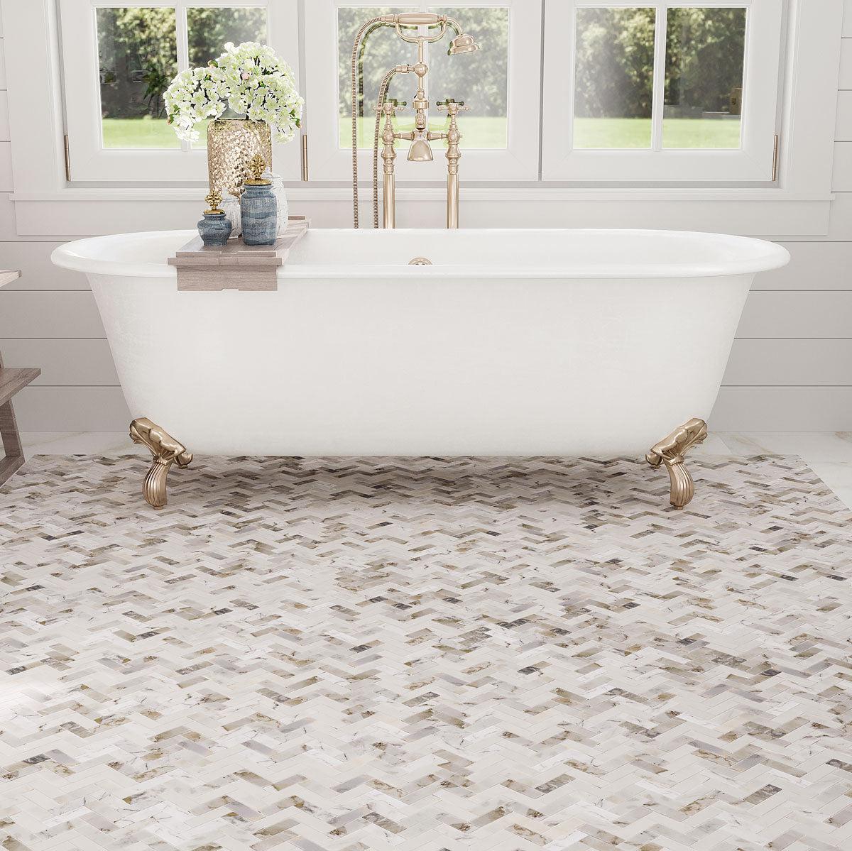 Calacatta Honed Herringbone Mosaic Bathroom Floor Tile
