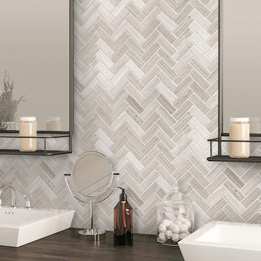 Wood look herringbone mosaic tile bathroom wall backsplash