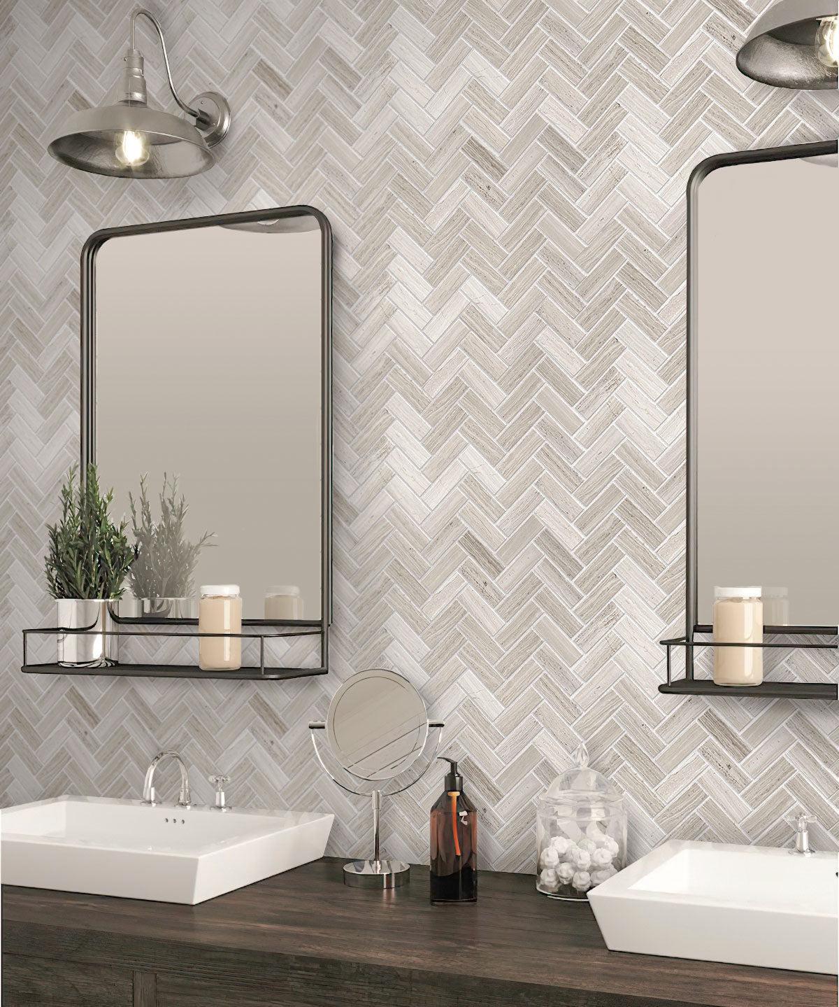 Herringbone marble mosaic tile bathroom wall
