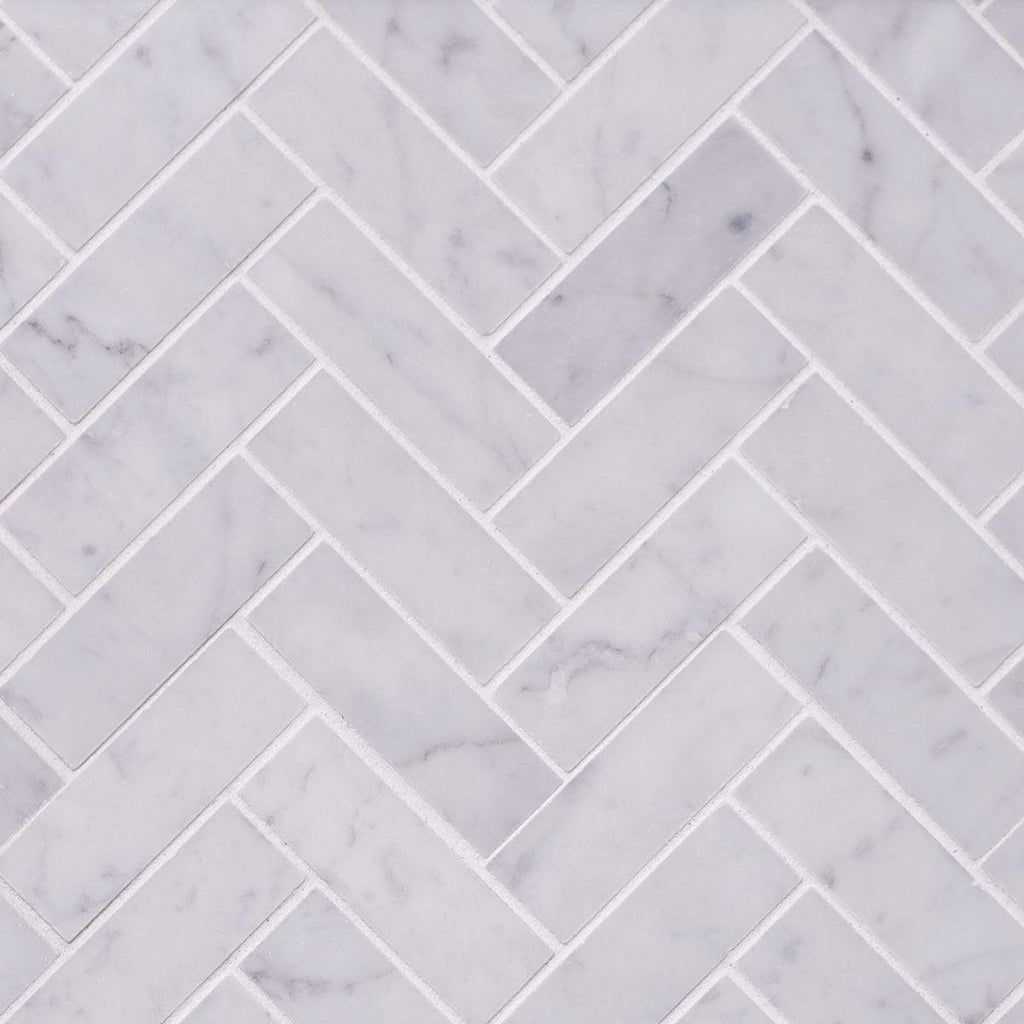 White Carrara Herringbone Honed Marble Mosaic Tile
