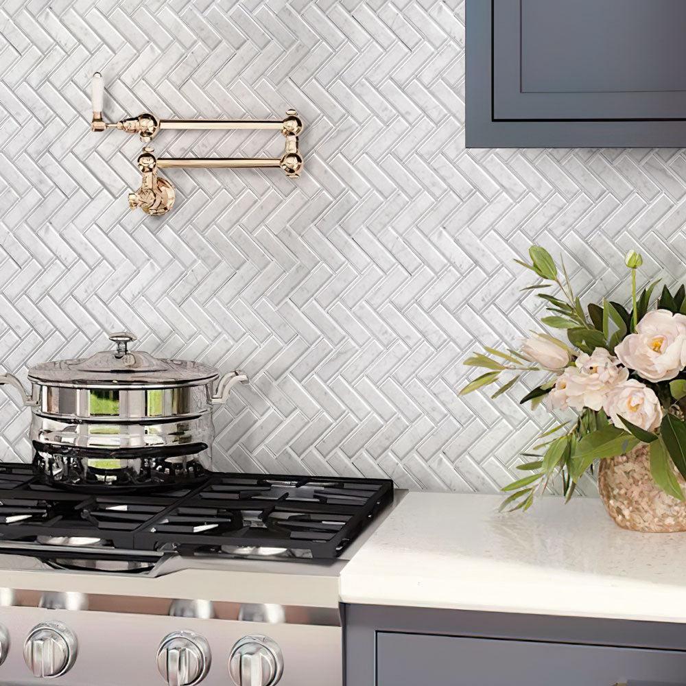 1X3 White Carrara Herringbone Polished Marble Mosaic Tile | Tile Club