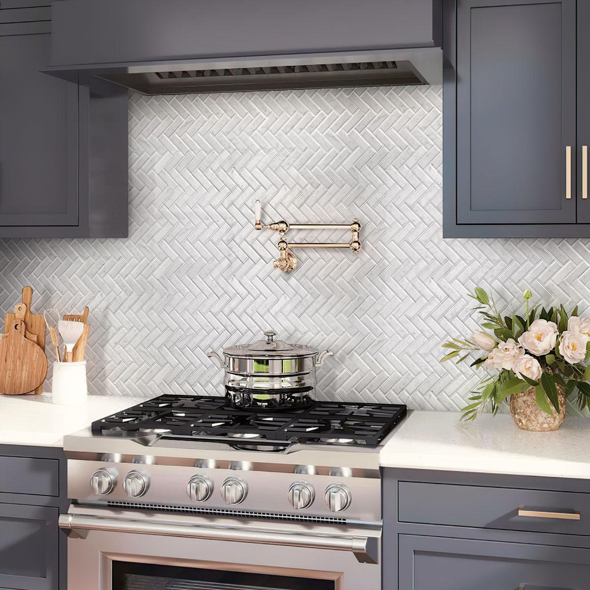 Graphite kitchen with 1X3 White Carrara Herringbone Polished Marble Mosaic Tile backsplash