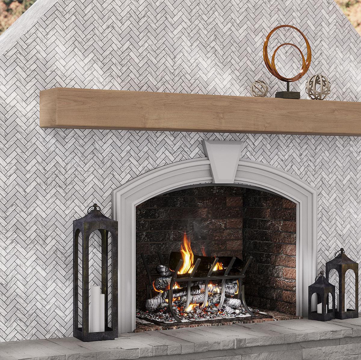 Outdoor fireplace with Carrara marble herringbone tiles