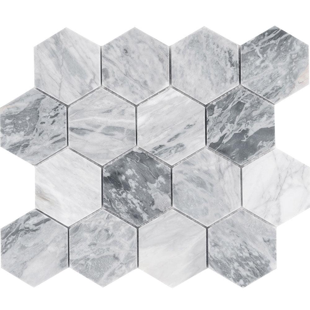 3" Calacatta Bluette Hexagon Honed Marble Mosaic Tile