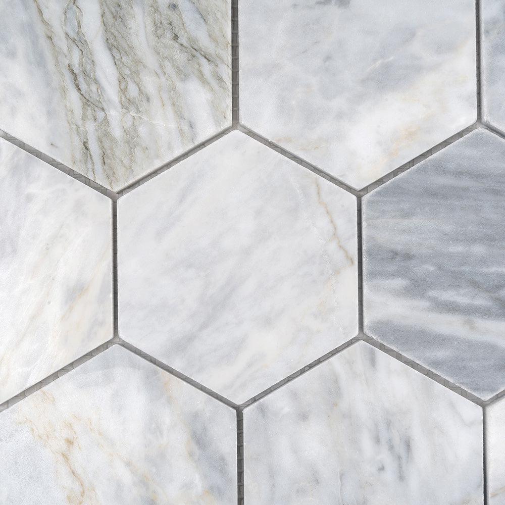 3" Calacatta Bluette Hexagon Polished Marble Mosaic Tile | Tile Club