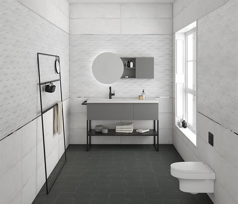Tango Ivory Wave Minimalist Bathroom with 3D tile