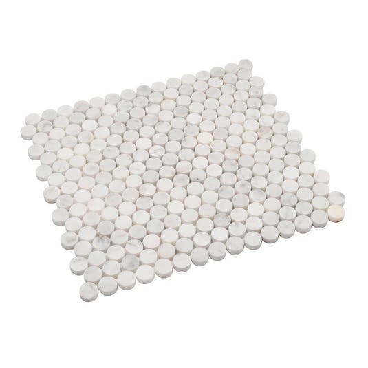 Bianco Carrara Penny Round Polished Marble Tile | Tile Club