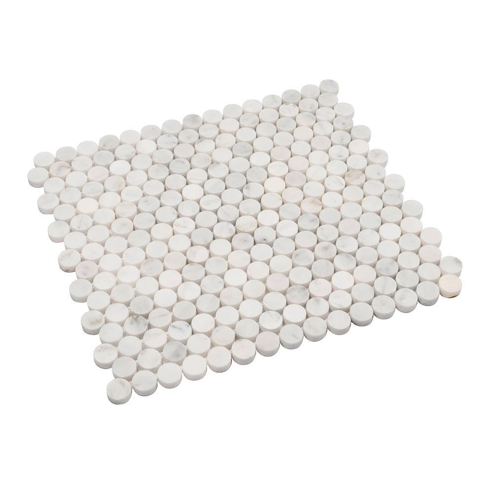 Bianco Carrara Penny Round Polished Marble Tile | Tile Club