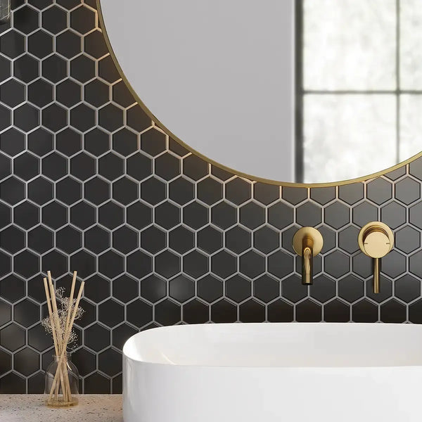 2'' Black Matte Hexagon Porcelain Mosaic | Backsplash, Bathroom