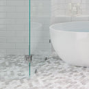 Glass Shower and White Bathtub on the Calacatta Gold Hexagon Tile Polished Floor