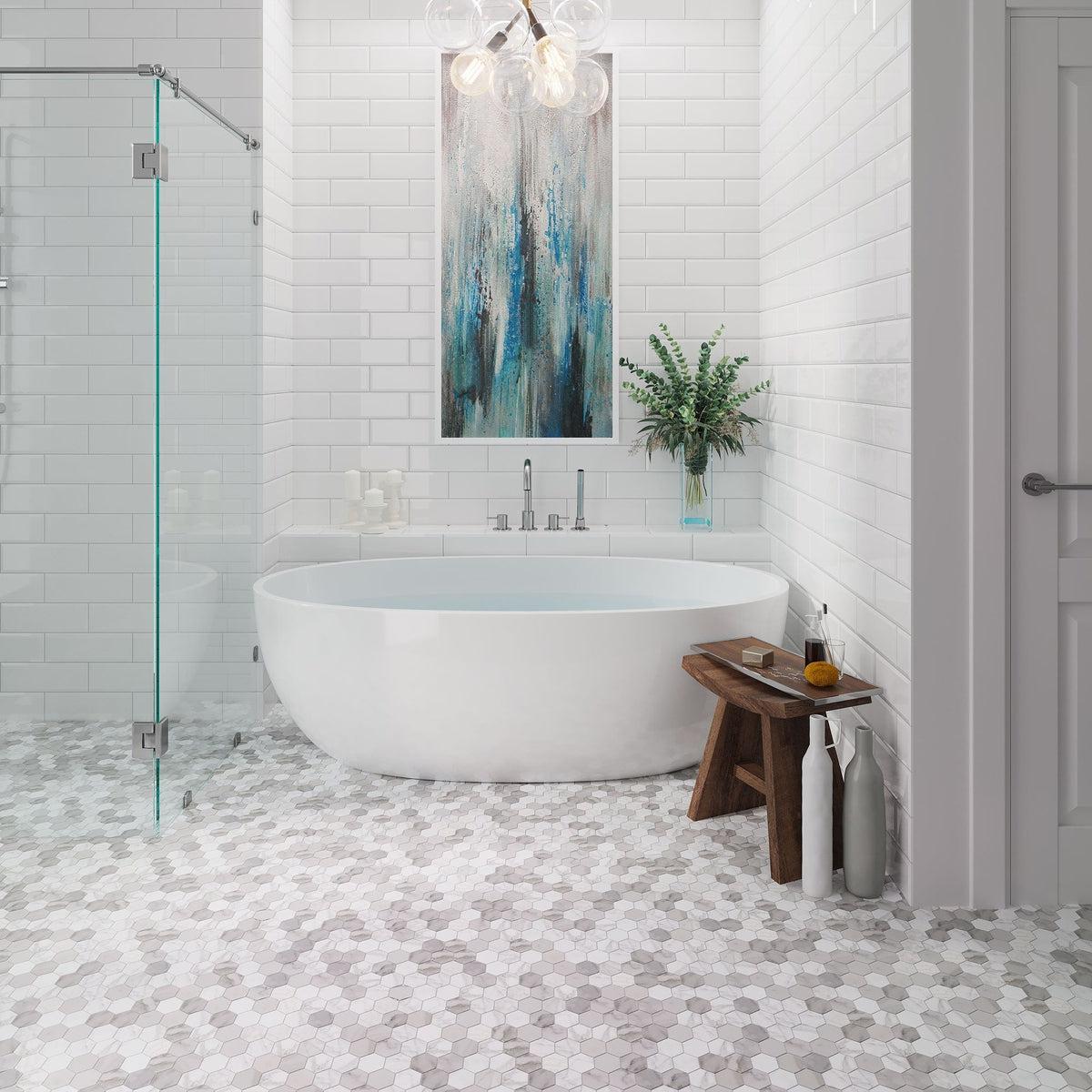 Calacatta Gold Hexagon Polished Tile in White Bathroom