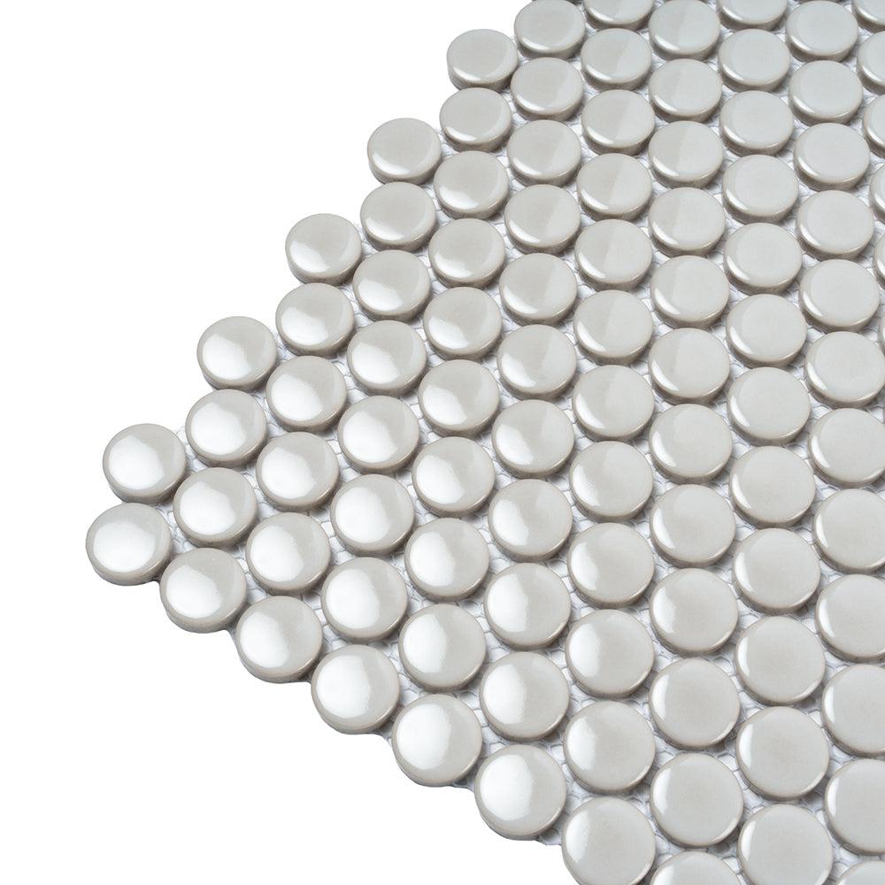 Glossy Gray Cream Buttons Porcelain Penny Round Tile | Tile Club