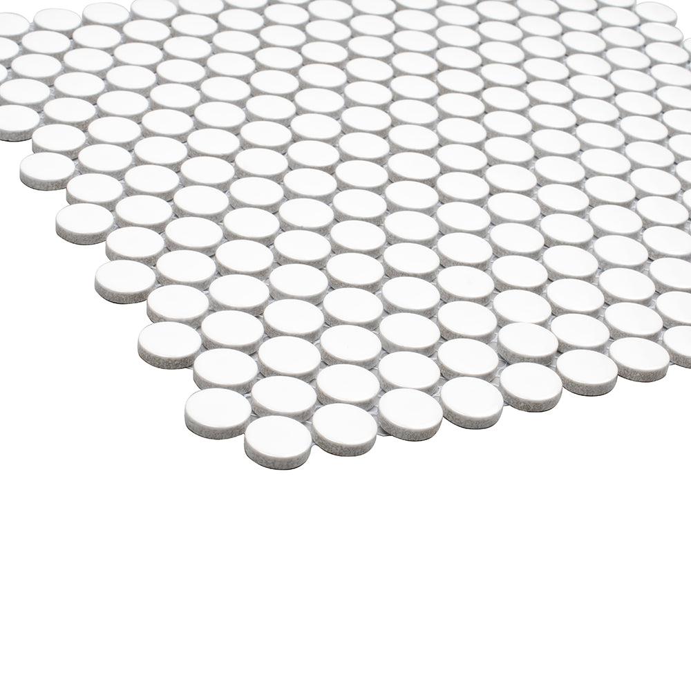 Glossy White Buttons Porcelain Penny Round Tile | Tile Club