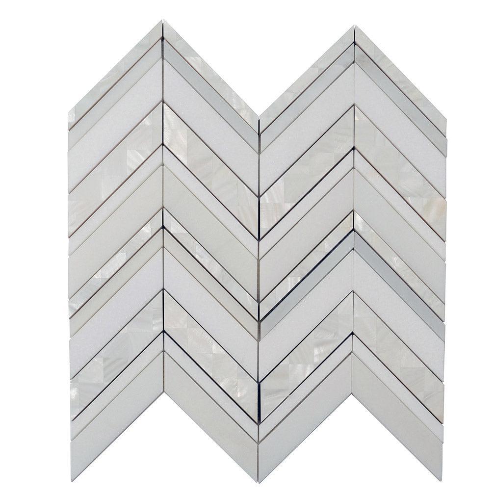 White Marble and pearl chevron tile for walls and floors