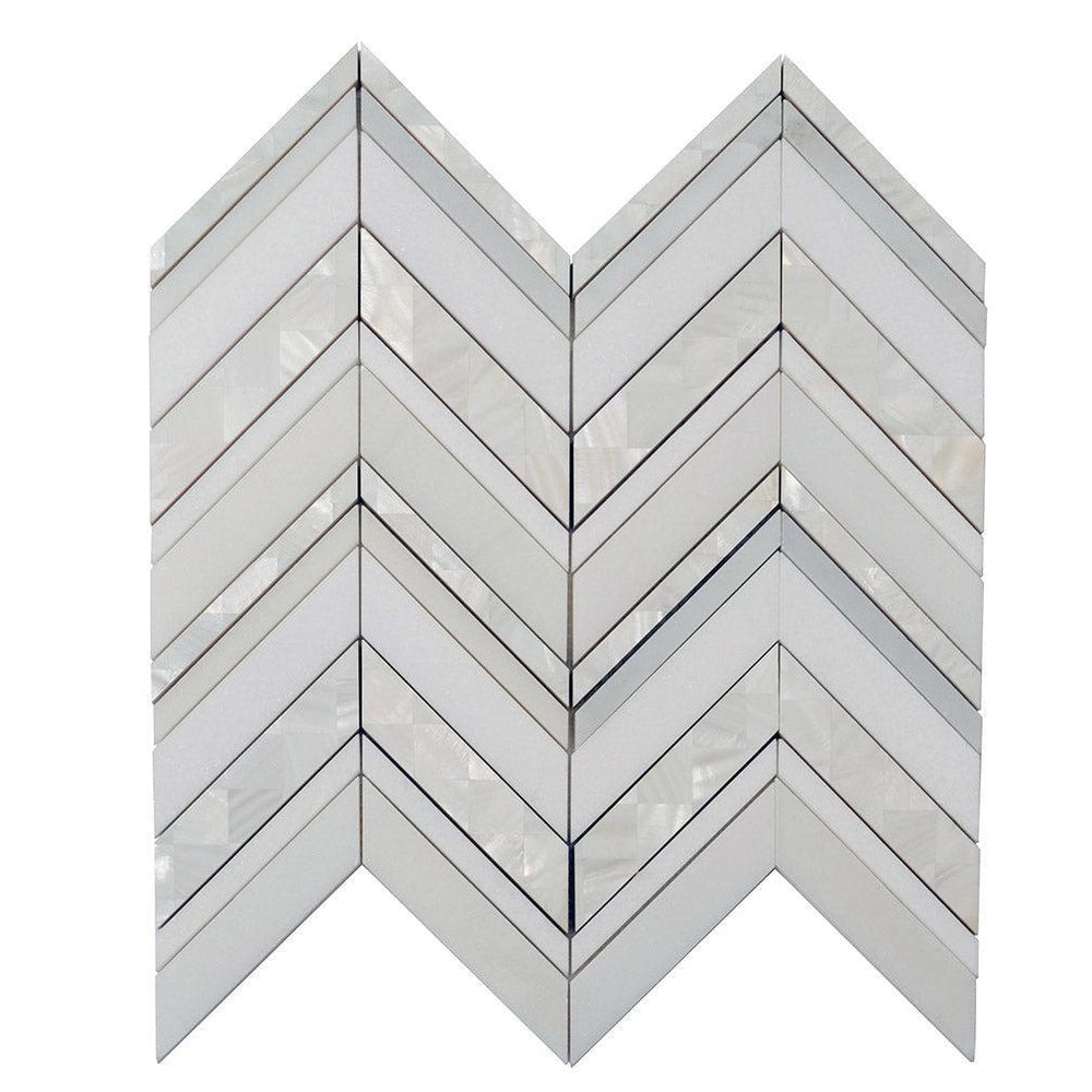 Herringbone Pearl White Thassos Marble and Shell Tile